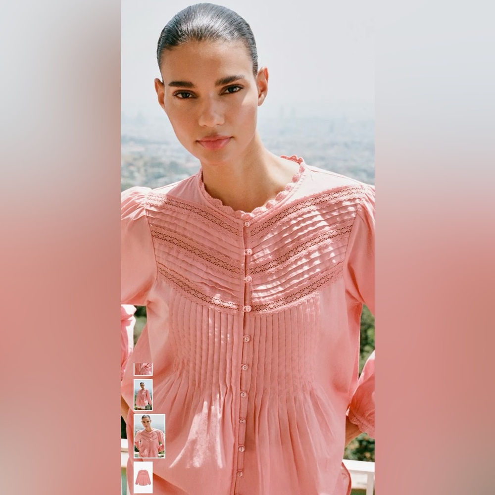 Zara Muted Peach Rose Romantic Babydoll Top, Ruffles, Pintuck, Medium, NWT